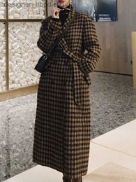 Женское полушерстяное элегантное клетчатое женское шерстяное пальто, зимнее повседневное женское пальто с длинным рукавом, новое пальто 2023, винтажная модная женская свободная одежда, плащ L230920