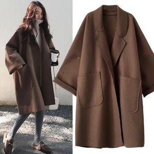 Mélanges de laine pour femmes Trench-Coat en laine élégant hiver pour femmes coupe-vent Vintage veste mi-longue ample col rabattu grande taille 4XL Cardigan 231114