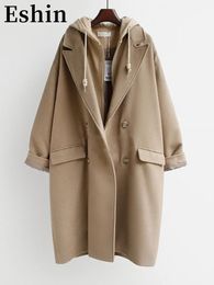 Misturas de lã feminina Eshin sólido lã com capuz blusão feminino de comprimento médio inverno versão coreana casaco de tamanho grande tops de alta qualidade feminino TH1052 231026