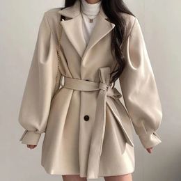 Mélanges de laine pour femmes EVRISI automne hiver femmes à lacets Trench manteau avec poches laine col rabattu bouton à manches longues pardessus 2023 231124