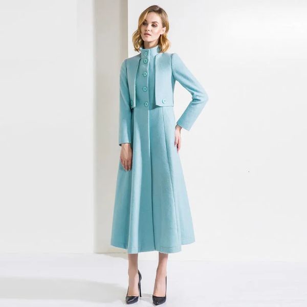 Mezclas de lana para mujer moda Otoño e Invierno cuello alto abrigo de lana extendido cintura cerrada fina azul claro 231006