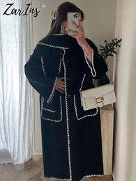 Mélanges de laine pour femmes mode broderie laine longs manteaux avec écharpe femmes automne surdimensionné poche pardessus femme en vrac élégant rue dame vestes 231124