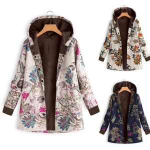 Mezclas de lana para mujer, abrigos acolchados con estampado de flores a la moda, abrigo informal de otoño con capucha para mujer, Top de manga larga acolchado de terciopelo para invierno para mujer