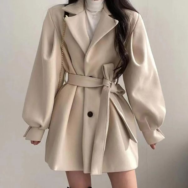 Mélanges de laine pour femmes Mode coréenne femmes Faux manteaux de laine ceinture élégante dames veste automne décontracté taille haute tunique vêtements d'extérieur pour femmes 230928