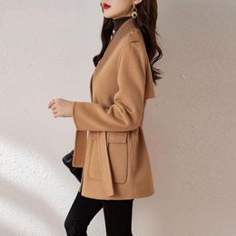 Mezclas de lana para mujer Moda Primavera y otoño Chaqueta de abrigo de lana de doble cara Mujer Coreana Casual Color puro Bolsillo Temperamento Ki201