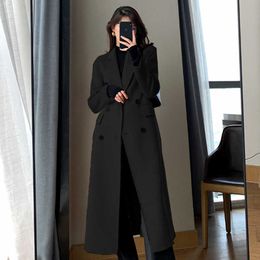 Vrouwen Wol Blends Mode Winter Trenchcoat Voor Vrouwen Elegante Koreaanse Casual Double-Breasted Wollen Jas Lange Jas Zwart Kantoor dame Losse Uitloper HKD230712