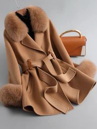 Женская смесовая шерсть, модное женское верблюжье черное шерстяное пальто с воротником из натурального лисьего меха, шерстяная женская куртка, теплое шерстяное пальто, съемный воротник из лисьего меха 231101