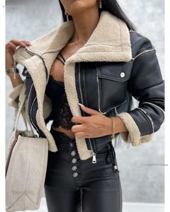 Mélange de laine pour femmes veste en simili cuir PU court épais chaud noir vêtements d'extérieur femme rétro revers velours manteau année hiver hauts 231020