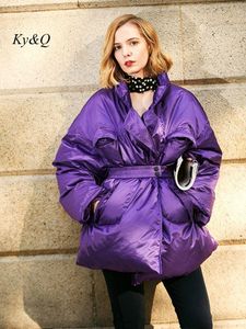 Mélanges de laine pour femmes Français haut de gamme violet élégant pardessus en plumes de canard blanc pour femmes hiver rassembler taille Street Shooting luxe manteau chaud 230227