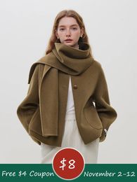 Mezclas de lana para mujer FSLE 100% lana Color camel abrigo con cuello de bufanda corta para mujer 89,3% lana 10,7% Lyocell Beige cuello redondo abrigos de lana cortos para mujer 231114