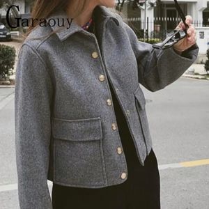 Women's Wool Blends Garaouy Spring Women's Grey Tweed Jacket Chic Single Breasted Lapel Pocket Coats Female Casual Office Versatile Outwear 230927