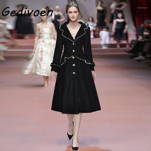 Mélanges de laine pour femmes Gedivoen Runway Fashion 2022 Hiver Noir Long Manteau Col rabattu Perlé Beau Pardessus Femme À Simple Boutonnage