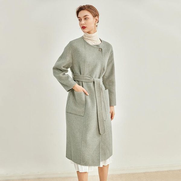 Mélanges de laine pour femmes à la main à chevrons Double manteau femme en tissu de laine Long CoatWomen's