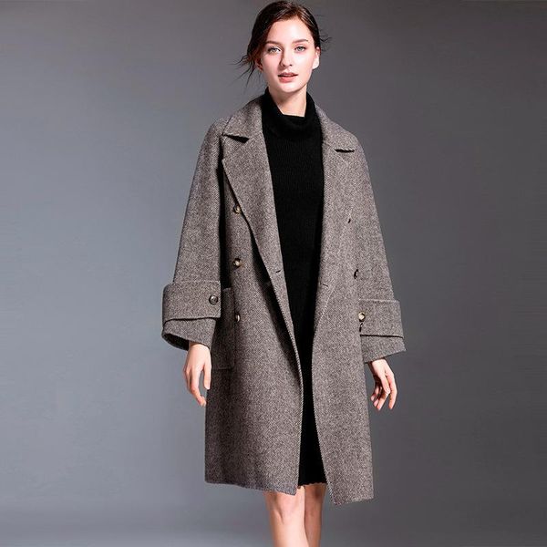 Femmes laine mélanges motif à chevrons Double face et cachemire Trench Long manteau de laine 2023 automne hiver 198006