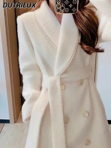 Mélanges de laine pour femmes manteau en laine blanc personnalisé haut de gamme pour les femmes automne hiver doux sous le genou tempérament mi-long vêtements en laine épaisse 231113