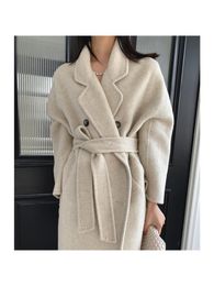 Mélanges de laine pour femmes haut de gamme lapin et soie de mûrier Double boutonnage chaud Long pardessus femmes hiver Version coréenne manteau blanc veste 230107