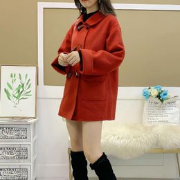 Femmes laine mélanges corne hiver bouton manteau femmes élégant à manches longues taille haute mode poche vin rouge bureau dame pardessus vêtements d'extérieur