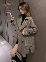 Dameswol Blends Jacket Koreaanse wollen stoffen jas Oversize herfst Winter Britse stijl Retro katoen midden lengte Versie vrouw kleding 231218