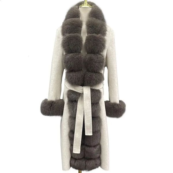 Mélanges de laine pour femmes JANEFUR manteau dames Long 2023 mode luxe réel fourrure garniture cachemire manteaux ceinture élégant naturel vêtements d'extérieur d'hiver 231118