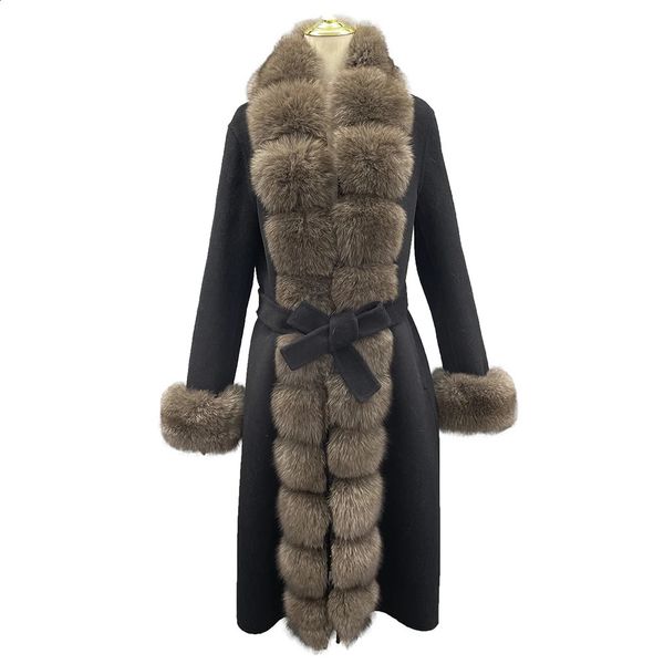 JANEFUR – manteau Long en cachemire pour femme, mélange de laine, avec garniture en vraie fourrure, mode luxe, ceinture naturelle, hiver 2023, 231116