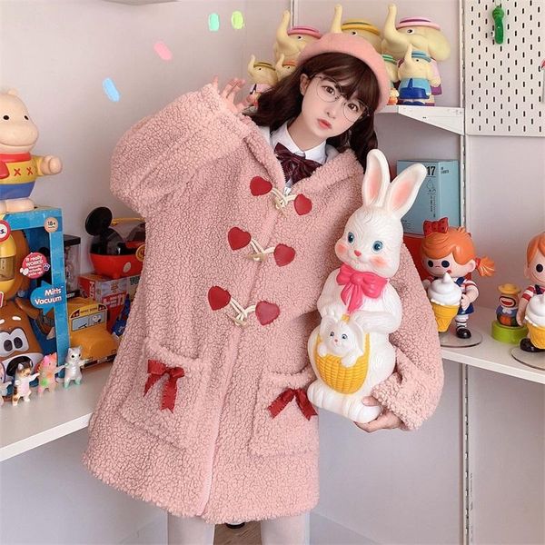 Mélanges de laine pour femmes Manteau japonais d'hiver doux pour fille Kawaii Bear Ear Hooded Cute Horn Button Bow Lambswool Single-Breasted Pink Woolen Oute