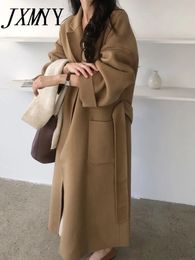 JXMYY Koreaanse Chic Mode Elegant Temperament Herfst En Winter Halflange Taille Trekkoord Losse Wollen Jas Dames 231017