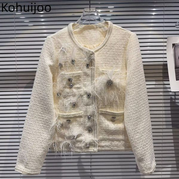 Mezclas de lana para mujer Kohuijoo Otoño Blanco Abrigo para mujer con plumas Diamante Pesado Tweed Lana Oversize Mujer Manga larga Chaqueta con cuentas O Cuello 230824