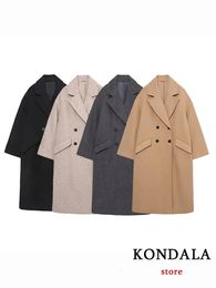 Mélanges de laine pour femmes Kondala femmes automne hiver épais longs manteaux Vintage col en V manches poches vestes mode 2023 élégant femme 231026