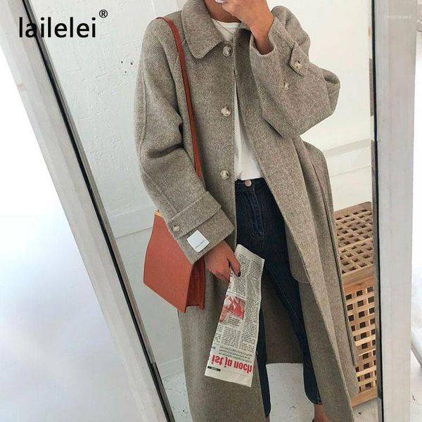 Abrigo de tweed clásico largo con solapa de espiga de Corea de mezclas de lana para mujer Bery22