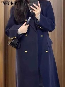 Mezclas de lana para mujer Corea Mujeres Primavera Otoño Negro Suelto Largo Abrigo de lana Chaqueta Cinturón Abrigo de lana Doble botonadura Azul marino Ropa de abrigo 3XLL230926