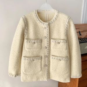 Mélanges de laine pour femmes mode coréenne femmes jaune Tweed veste en vrac simple boutonnage manteau laine hiver 4 poches Blazers marque de luxe vêtements 231113