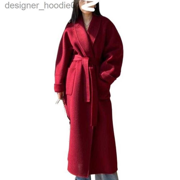 Mélanges de laine pour femmes coréen haut de gamme automne hiver peignoir avec col de fruits Double face laine cachemire manteau mode Extra Long pardessus en laine L230920