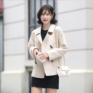 Dameswol Blends Koreaanse Koreaanse korte visgraat dubbelzijdige kasjmier jas blazer herfst winter 2023 kleine wollen kleine wollen