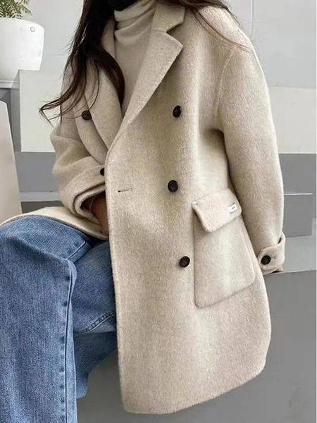 Mélanges de laine pour femmes Style coréen bureau dame veste en laine 2023 automne hiver Double boutonnage lâche court soie lapin cheveux femmes manteaux 231124