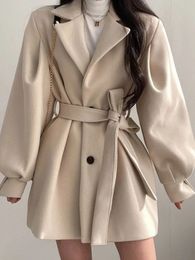 Mélanges de laine pour femmes coréen épais femme Trench vestes chaudes col rabattu manches longues bouffantes vêtements automne élégant ceinture manteau femmes Chic Midi haut 231016