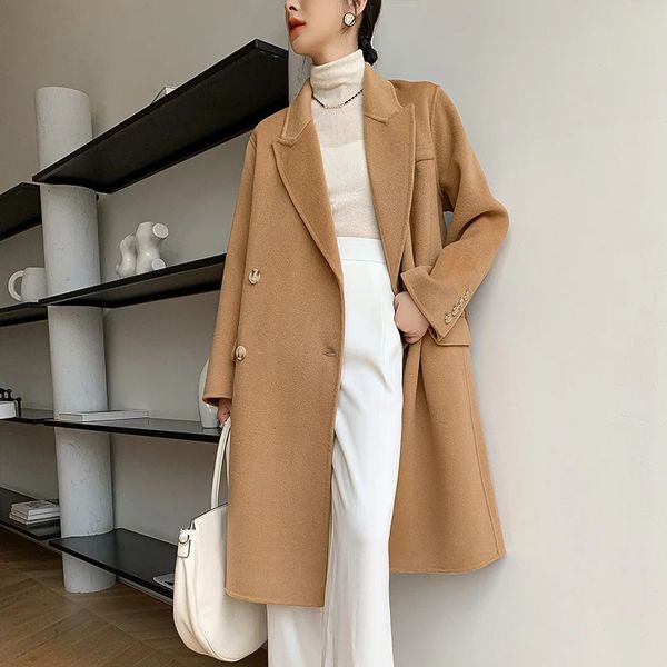 Mélanges de laine pour femmes vêtements d'extérieur pour femmes coréennes manteau Hepburn fait à la main double face double boutonnage cachemire longue veste en laine gris Ou 231120
