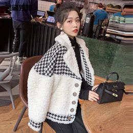 Manteau en peluche d'agneau mélangé de laine pour femme, manteau court pied-de-poule parfumé au vent, automne et hiver 231102