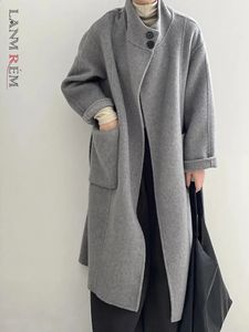 Mélanges de laine pour femmes LANMREM mode laine Long manteau femmes col montant poches ceinture rassemblé taille solide chaud vêtements hiver 2AA3922 231116