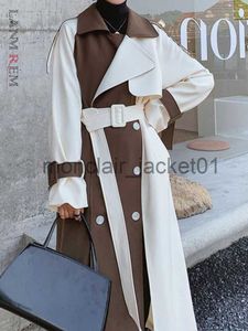 Mezclas de lana para mujer LANMREM Mujeres Color Block Trench Coat Double Breasted Patchwork 2023 Primavera Invierno Mujer Moda Streetwear Cortavientos 2C740 J230925