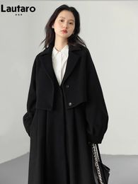 Mélanges de laine pour femmes Lautaro Automne Hiver Long Flowy Luxe Vintage Noir Chaud Épais Manteau De Laine Femmes Designer Faux 2 Pièces Vêtements 2023 231120