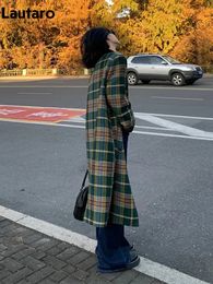 Dameswol Blends Lautaro Autumn Winter Lange Oversized Plaid Trench Coat For Women Double Breasted Loose Casual Green Tweed Coats Koreaanse mode 231009