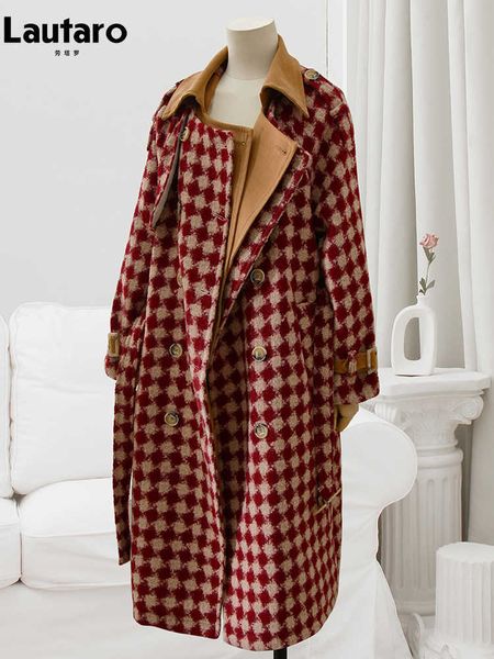 Mezclas de lana para mujer Lautaro Otoño Invierno largo grueso cálido rojo Tweed abrigo de lana mujeres fajas doble botonadura diseñador de lujo moda de pasarela 2022 HKD230712