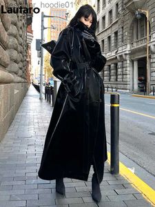 Women's Wool Blends Lautaro Spring Autumn Extra Long Oversized Cool Reflective Shiny Black Paten Leather Trench Coat for Women Belt Runway Fashion L230920