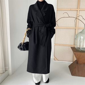 Abrigo largo de mezcla de lana para mujer, chaqueta cortavientos con cordones sueltos informales simples para otoño e invierno con fajas, negro 221007
