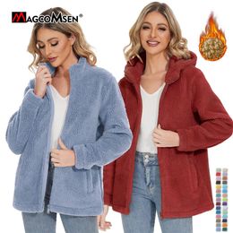 Wolmix voor dames MAGCOMSEN Sherpa-jassen voor dames, donzige teddyjas met rits, capuchon/opstaand, casual fleece gevoerd, winter pluizig vrouwelijk vrijetijdsoverjassen 230927