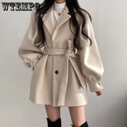 Mezclas de lana para mujer Abrigo de longitud media Blazer Collar Abrigo de lana Mujer Chaqueta de invierno con cinturón Niche Vintage Abrigo de moda suelto Gabardinas sólidas 231110