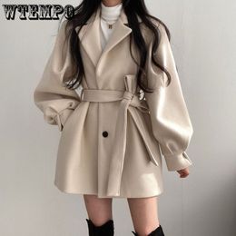 Mezclas de lana para mujer Chaqueta de abrigo de longitud media Abrigo de lana con cuello Chaqueta de invierno con cinturón Nicho Abrigo de moda suelto vintage Abrigos de trinchera sólidos 221117