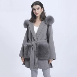 Mélanges de laine pour femmes MISSJANEFUR manteau en cachemire femmes mode Caual fourrure garniture capuche veste avec de grandes poches lâche ceinturée 231118