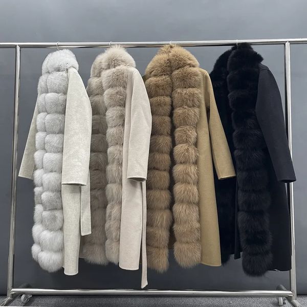 Mélange de laine pour femmes MISSJANEFUR manteau en cachemire avec ceinture femmes mode coréenne luxe vraie fourrure garniture longue Trench hiver 231124