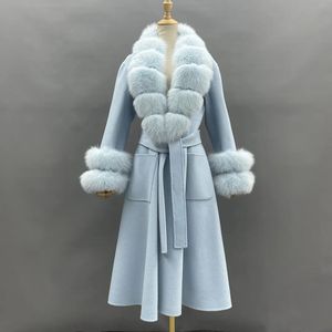 Mélanges de laine femme MISSJANEFUR femmes manteaux d'hiver réel col de fourrure de renard cachemire laine vestes de luxe longue tranchée rembourré manteaux pardessus femme 231213